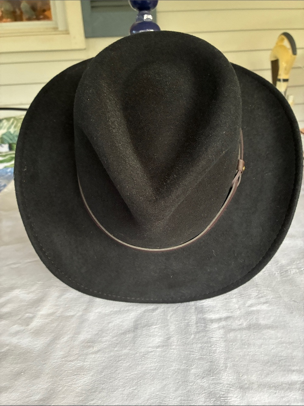Men's Black Felt Fedora Hat with Brown Leather Band